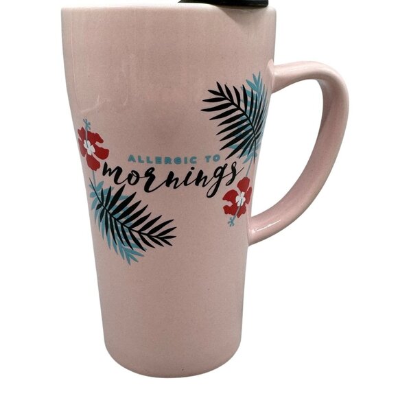 Allergic To Mornings Pink Ceramic Travel Mug With Lid 16 Oz By Clay Art READ - Picture 1 of 6